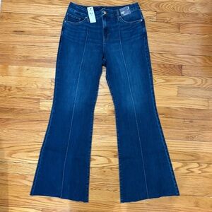 EXPRESS Mid Rise Dark Wash Pintuck Raw Hem FlexX '70s Flare Jeans L 12 14 16 NWT